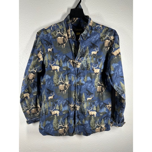 Cabelas Mens Elk Forest Landscape Button Up Shirt L G - Picture 5 of 6